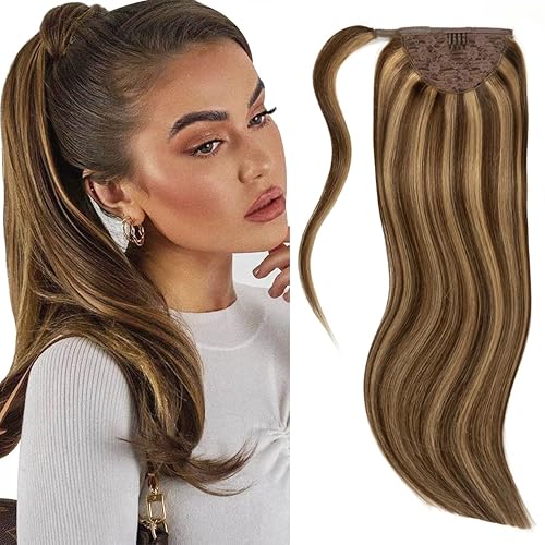 Miniatura 9 de Lacer Extensiones de cabello humano real con cola de caballo larga, color marrón chocolate a castaño de 20 pulgadas, cabello humano envolvente,