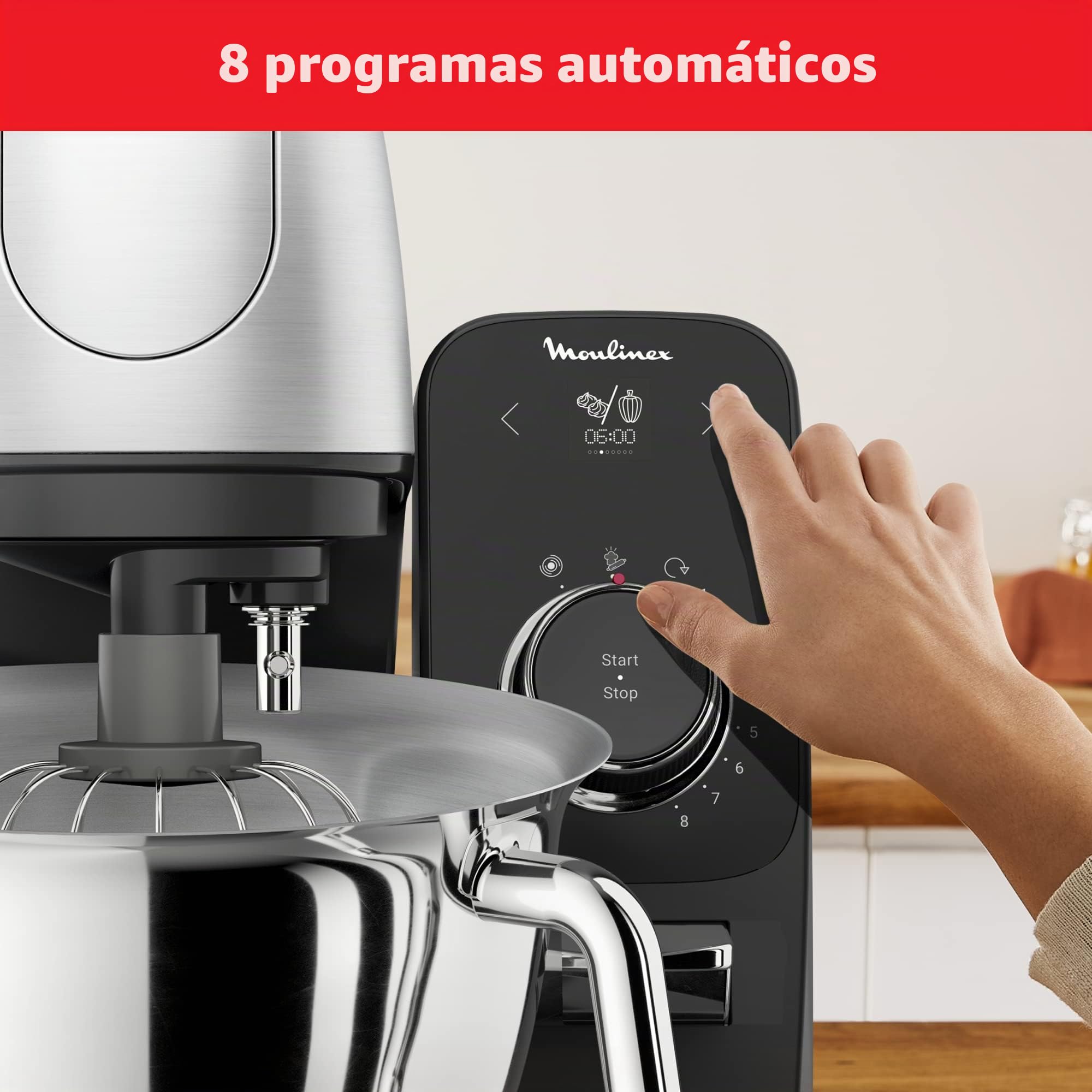 Moulinex Robot pastelero, Cuenco de acero inoxidable 5.5 L, 8 programas recetas básicas, Tecnología patentada, Silencioso, Robusto, Aplicación gratuita con coaching, Coach QA900810 | Amasadora inteligente con 8 programas automáticos - Robot de cocina y pa