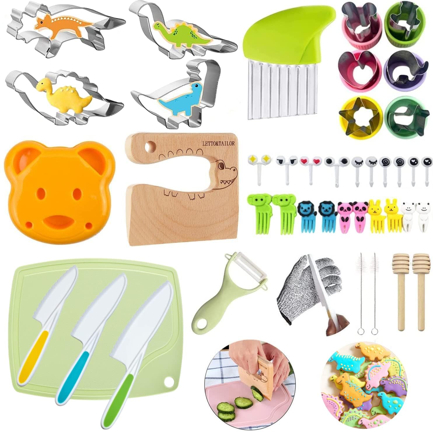 LETTO & TAILOR Kindermesser-Kinder-Küchenmesser-Set für sicheres Kochen mit Holzmesser, Kinderschutzhandschuhen, Schneidebrett und mehr – Montessori Messer und Kinder Küchenmesser für kleine Köche