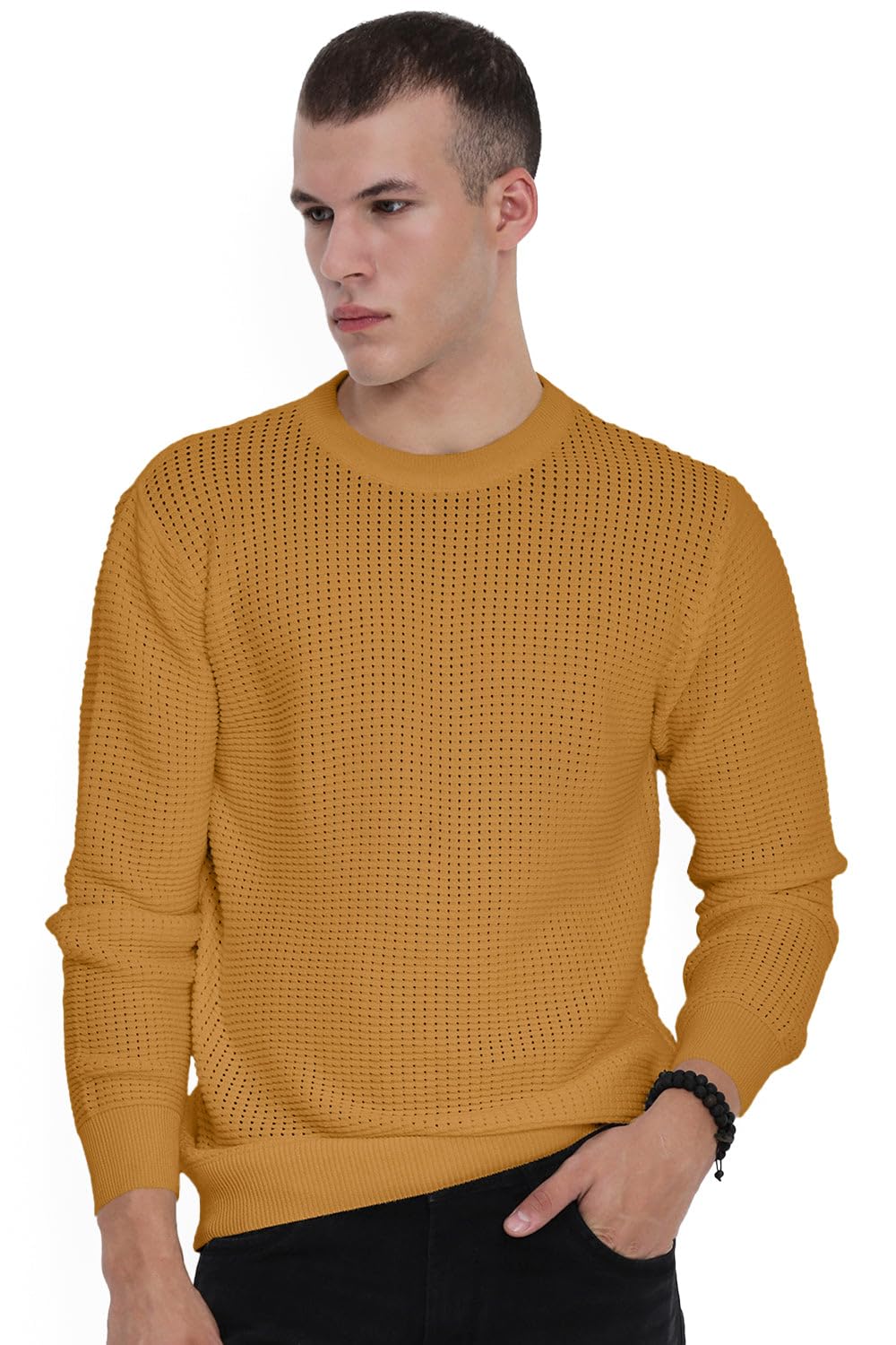 Men's Mustard Ribbed Round Neck Sweater-AI-B-2_Mustard-image-40