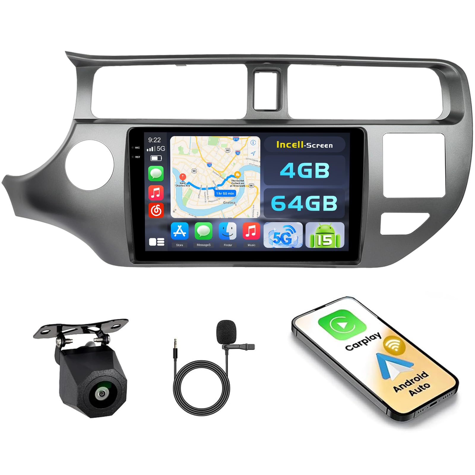 Hikity 4G+64G Android 15 Autoradio 9" pour Kia Rio CarPlay