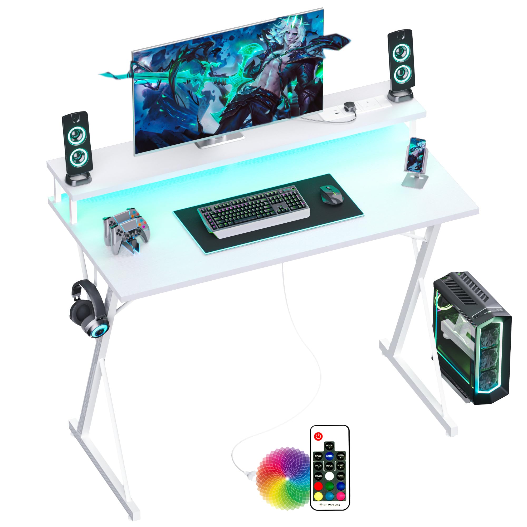 BEXEVUE Escritorio Gaming Regleta Enchufes LED - 100x50cm Escritorio Gamer Ergonómico, Grande Soporte Monitor, Mesa Moderna, Marco X, Gancho Auriculare, Estudio Juego Trabajo Dormitorio Oficina Hogar