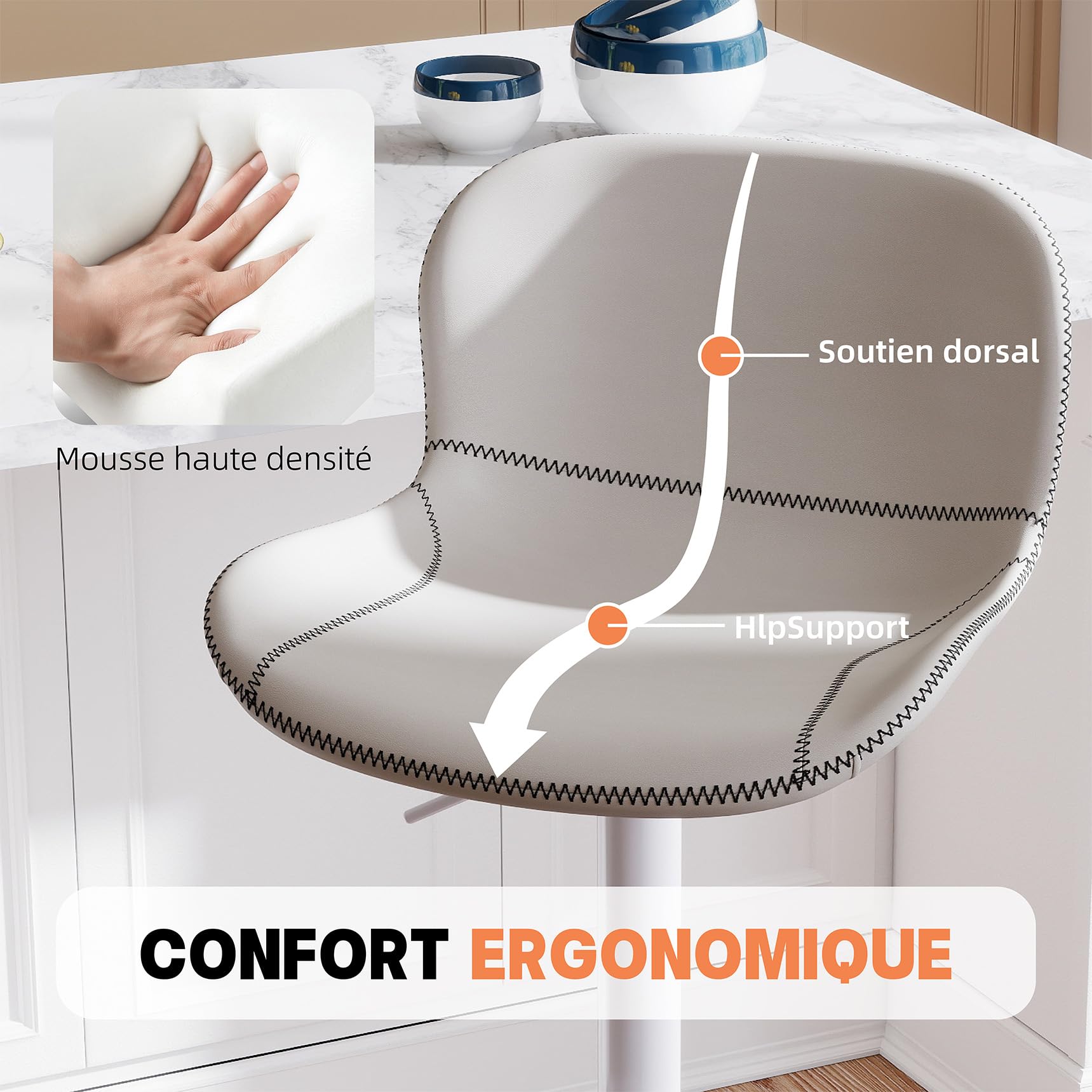 Youhauchair Tabouret Bar, Tabouret de Bar Réglable en Hauteur en Cuir PU, Chaise de Bar avec Dossier et Repose-Pieds, Chaise Haute Cuisine Pivotant, Moderne, Blanc