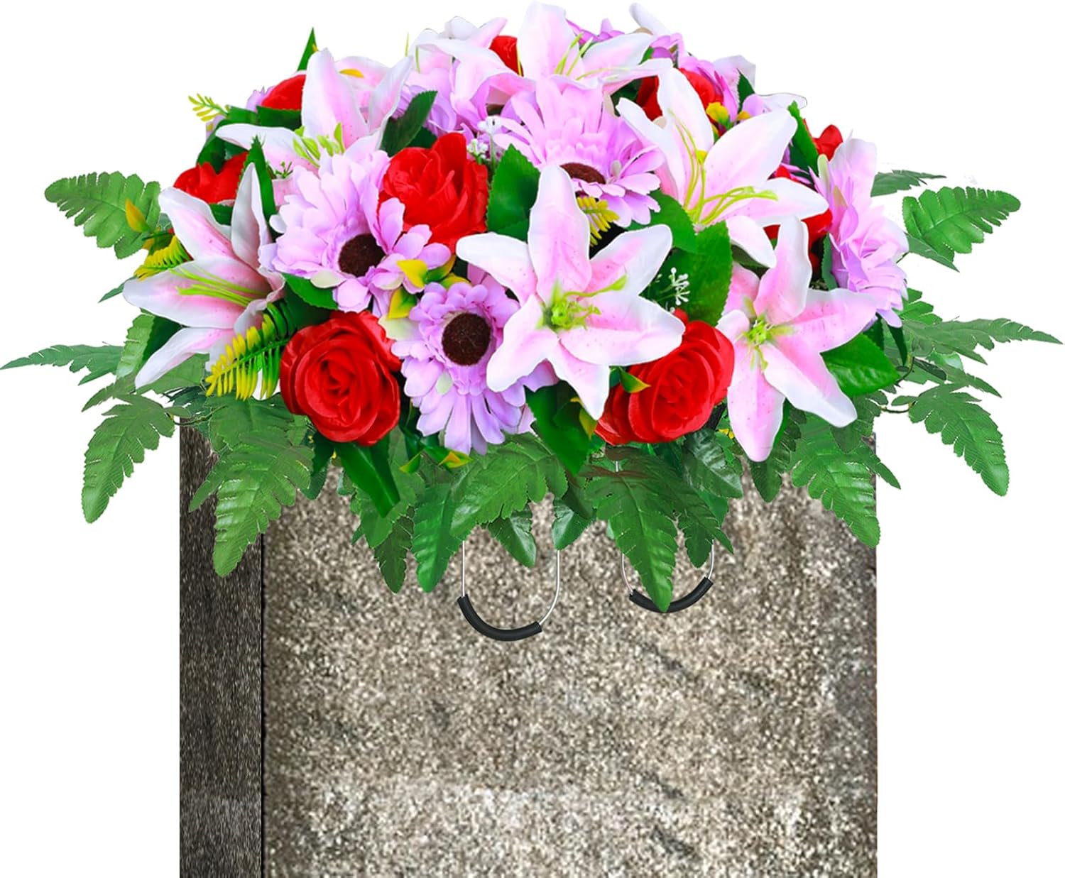Lodou Cemetery Flower Saddles for Grave,Artificial Silk Flower Arrangement for Headstones, Artificial Cemetery Flowers, Outdoor Grave Decorations (1, Red & Purple & Pink)
