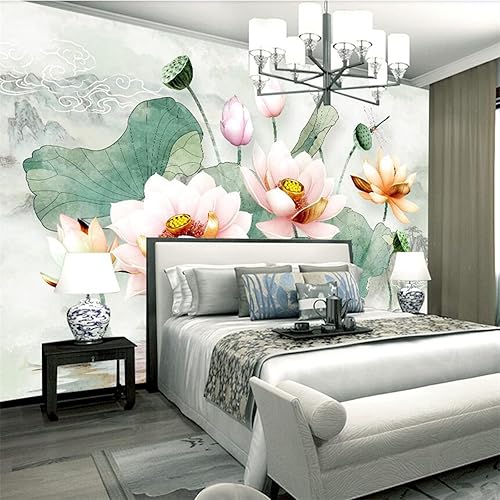 Mural de pared con impresión 3D de hoja de loto y flor de loto, papel tapiz autoadhesivo extraíble para decoración de pared para niños y niñas,