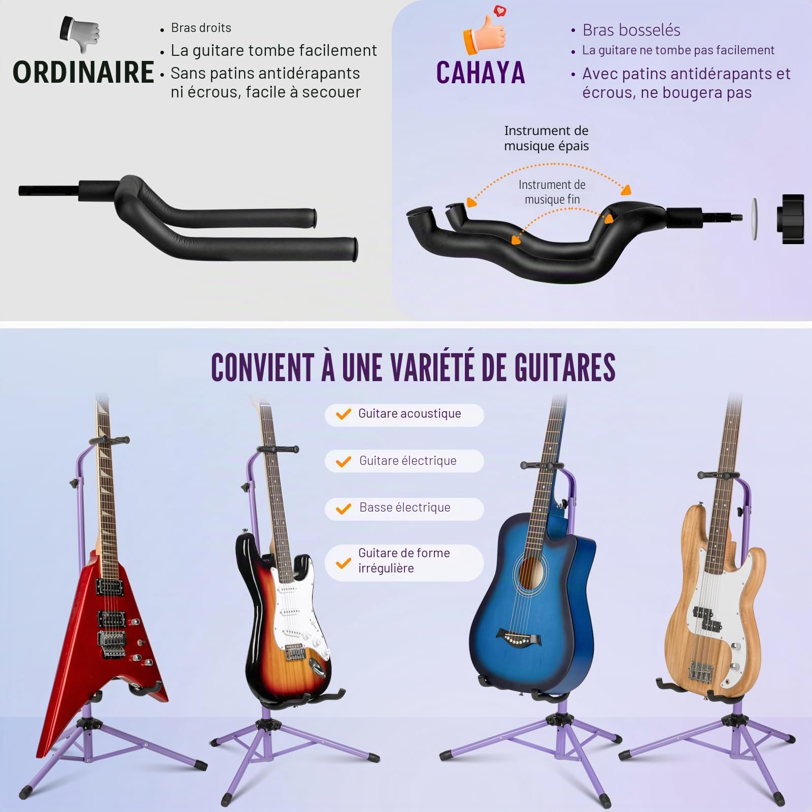 CAHAYA Support de Guitare Pliable au Sol: Trépied Universel Réglable avec Support de Cou pour Guitare Électrique, Acoustique, Basse et Banjos, Violet CY00253-2