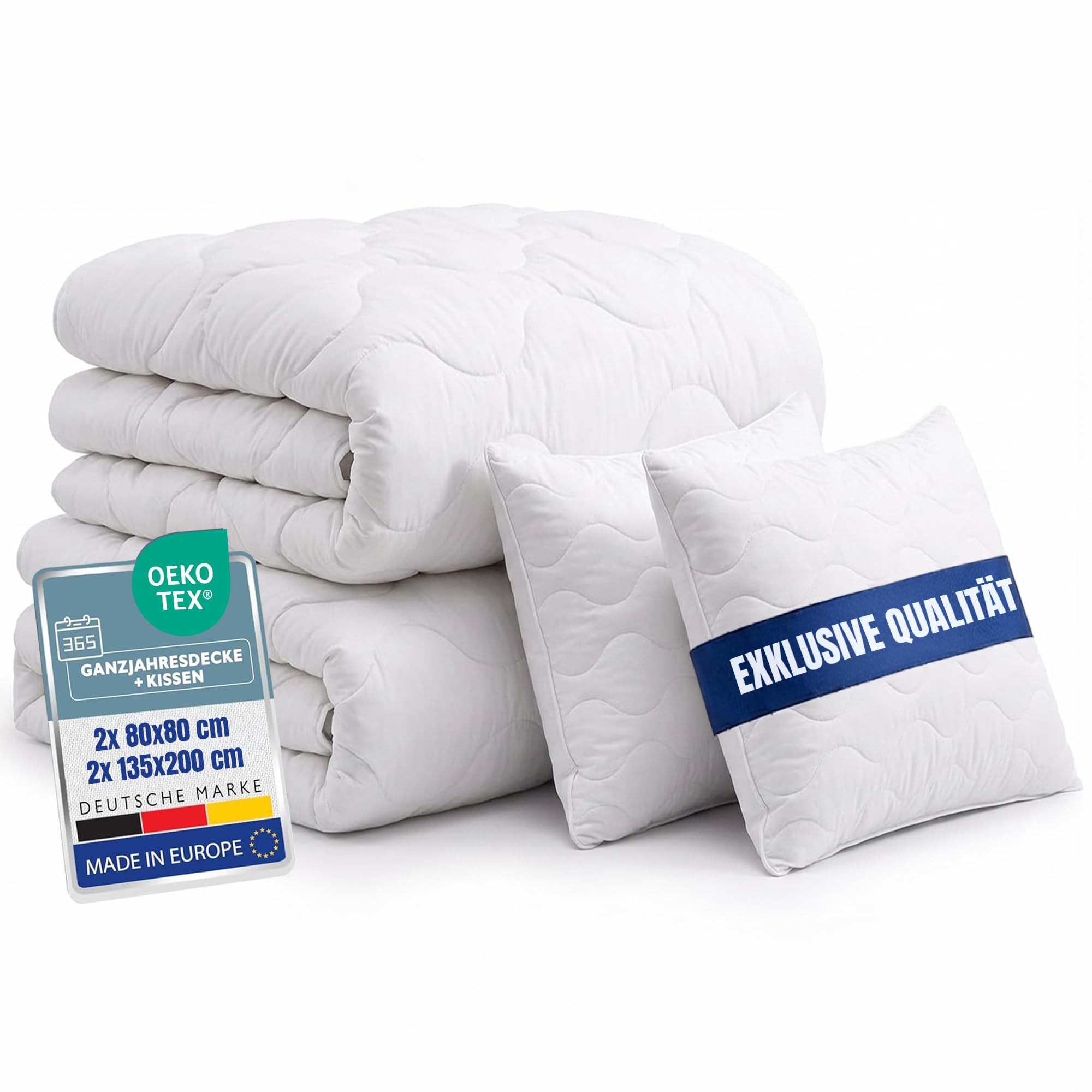 Bettdecken Set 4-teilig - 2X Ganzjahres Decke 135x200 + 2X Kissen 80x80 cm - ÖKO-TEX® Zertifiziert - pflegeleicht waschbar bis 95° - Bettenset weich & atmungsaktiv - Made in EU