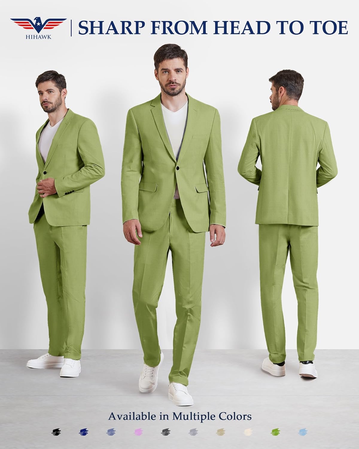 Hihawk Men 2 Piece Regular Fit Linen Suit, Casual Blazer Pants Set, Lightweight Jacket Trouser for Wedding Prom - Image 2