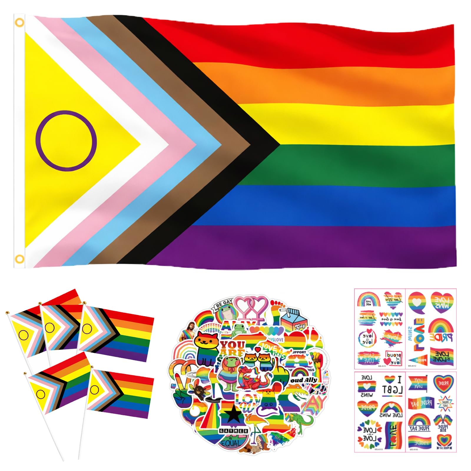 Oiomniv Progress Pride Flags 150 x 90 cm, 5 Handheld LGBTQ+ Rainbow Flags with 50 Stickers & 28 Tattoos, Mini Waving Flags for Pride Parade, LGBTQ Events, Indoor & Outdoor Decorations