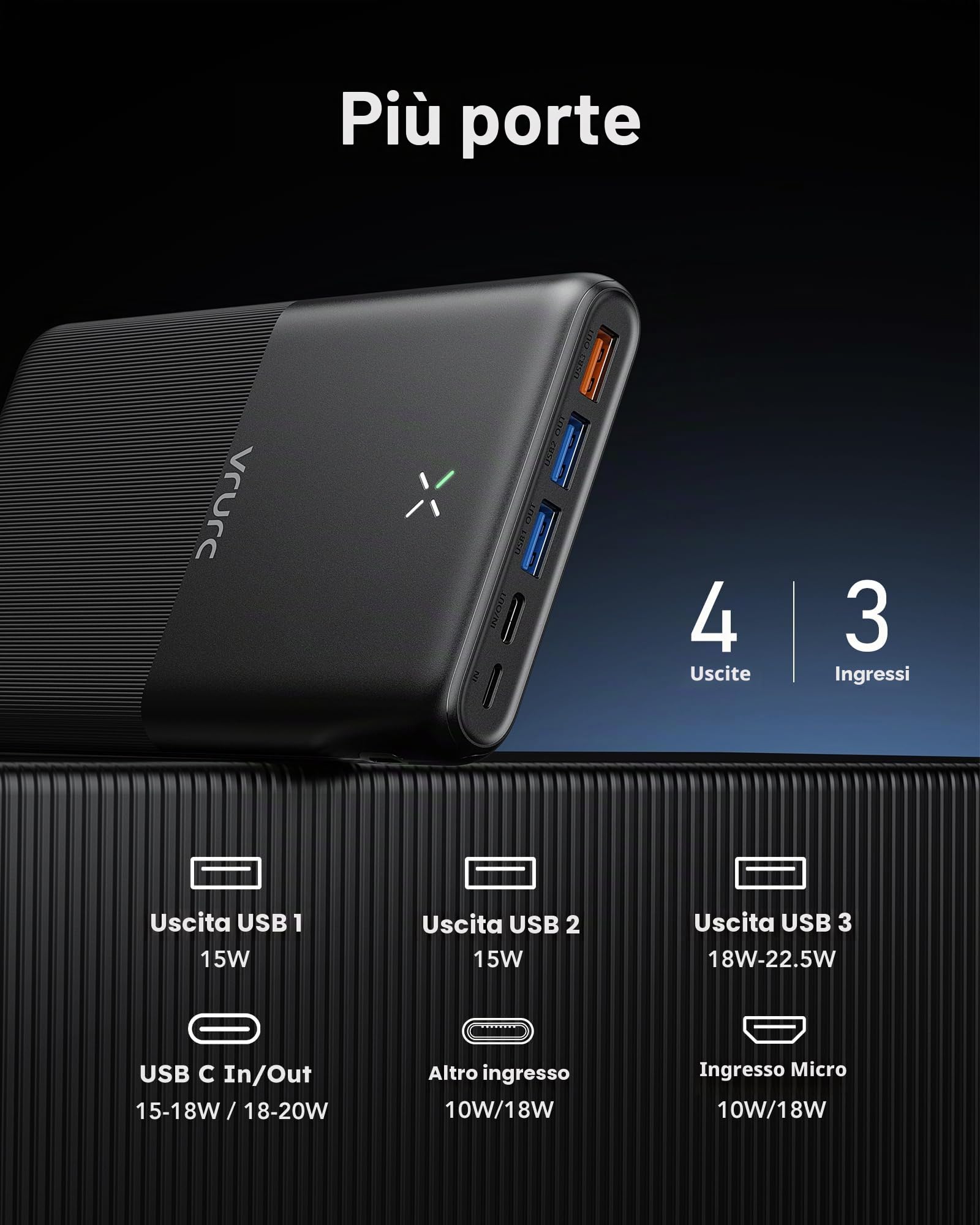 VRURC Batteria esterna 30000 mAh, USB C Power Bank Ricarica Rapida, 22.5 W PD3.0 & QC3.0 USB C Caricatore Portatile Compatto con 3 Ingresso & 3 Uscita Compatibile con iPhone Samsung Huawei ecc