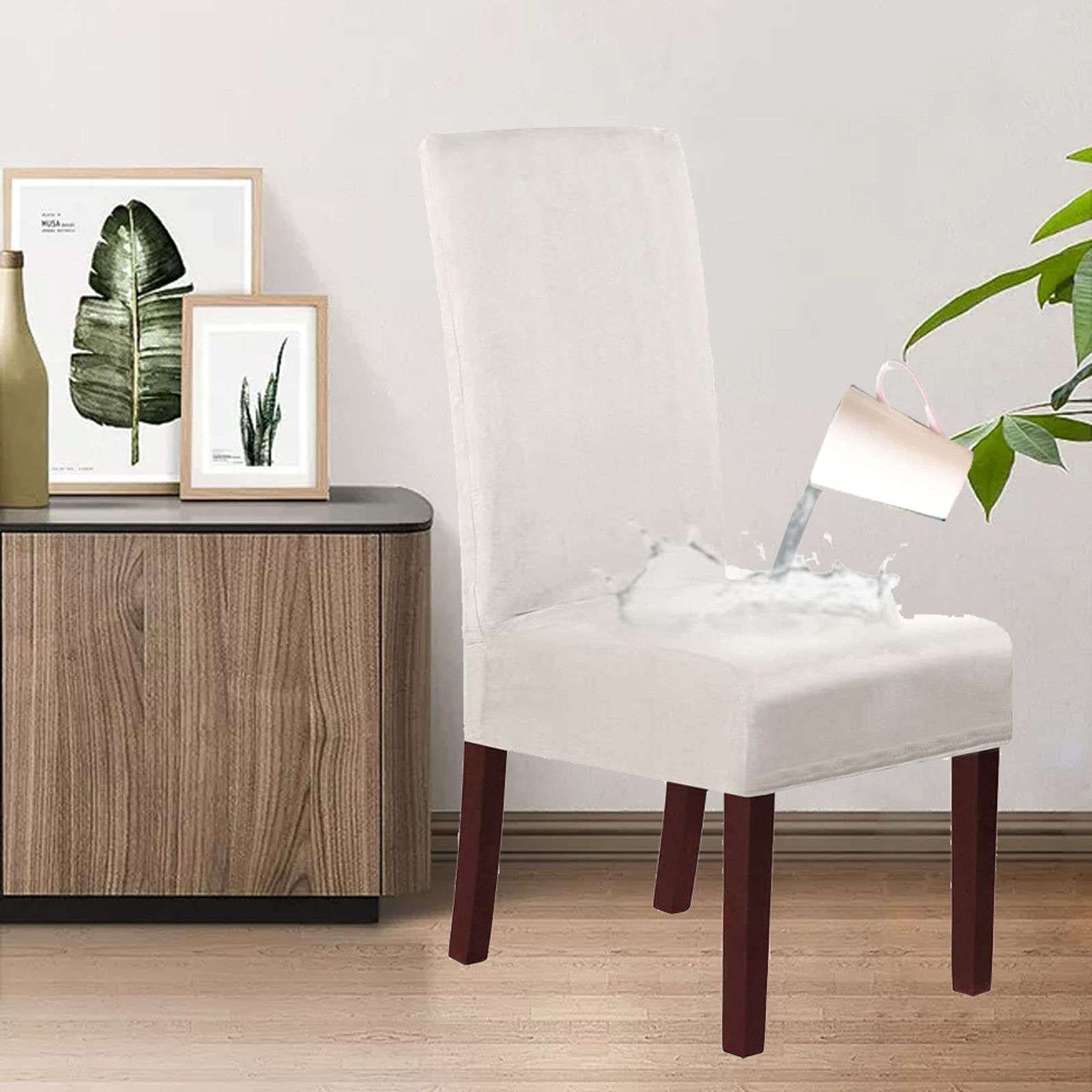 Stretch Waterproof Dining Room Chair Slipcovers, Stretch Suede Fabric Removable Dining Chair Covers Seat Slipcover, Chair Covers for Kitchen Hotel-White-Set of 4