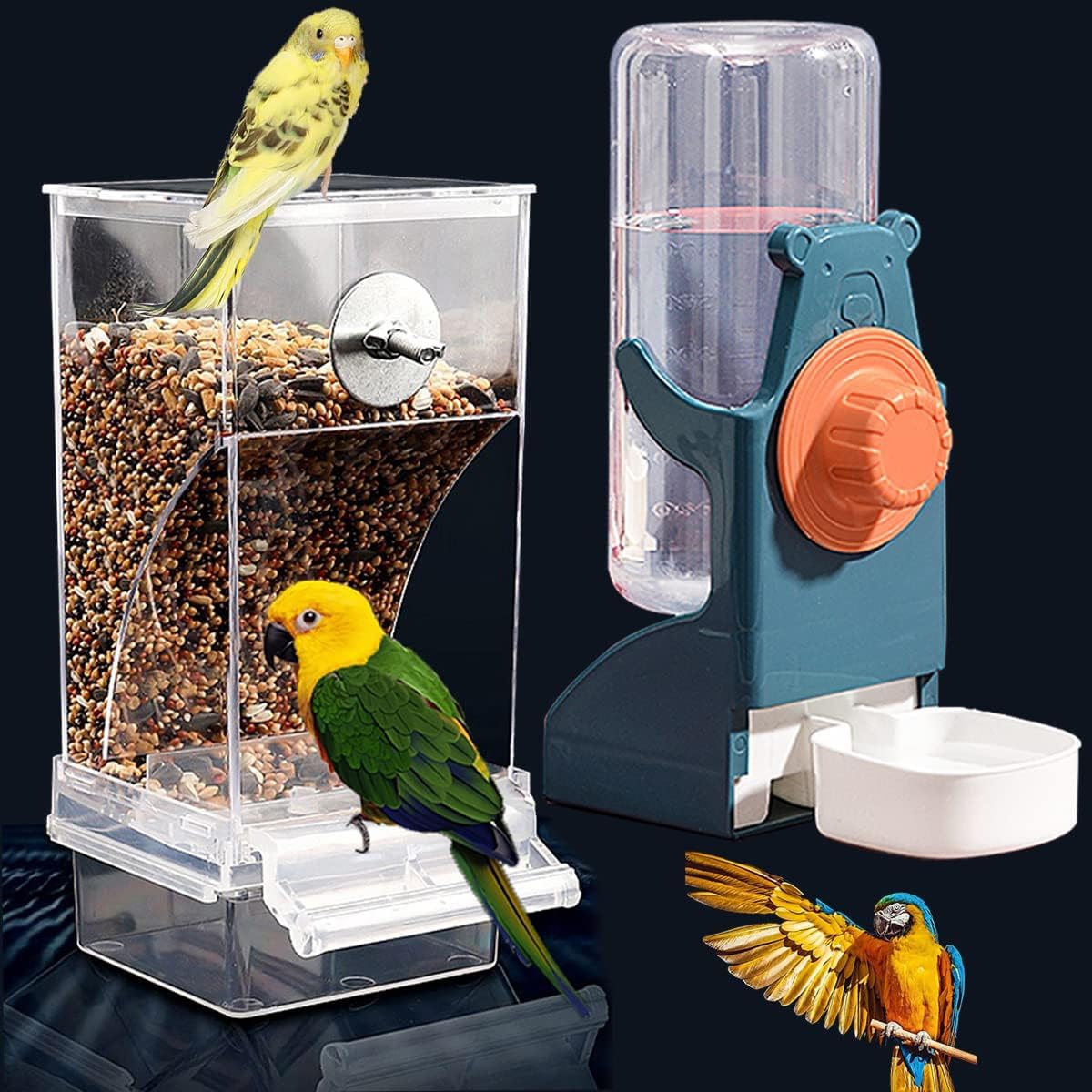Bird Feeder Water Dispenser Set, Automatic Parrot Feeder Cage Accessories, Clear Parakeet Seed Container Food Drinker for Cage, Cockatiel Finch Lovebirds Budgies Canary (Blue) (Transparency and blue) โ image 1