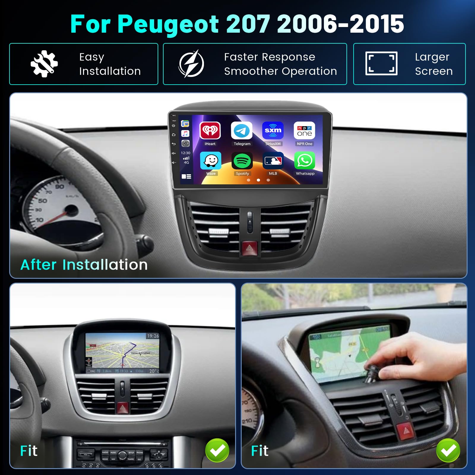 Hikity 4+64G 9" Autoradio Android pour Peugeot 207 2006-2015 | IPS Écran Tactile Wireless Carplay Autoradio 2 DIN GPS Bluetooth 5.0 5G WiFi FM/RDS Caméra de Recul Commandes au Volant 4+64G