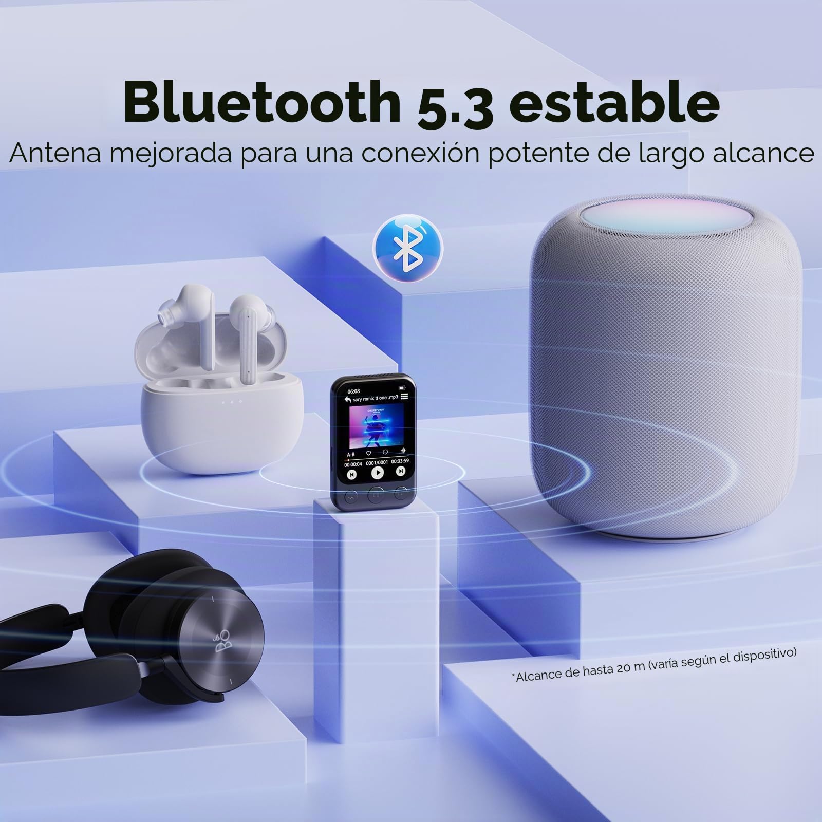 32GB Reproductor MP3 Bluetooth 5.3 con Clip y Altavoz, Reproductor de Música Deportivo con Pantalla Táctil y Botones, Control de Volumen Independiente, Radio FM, Ampliable hasta 128GB