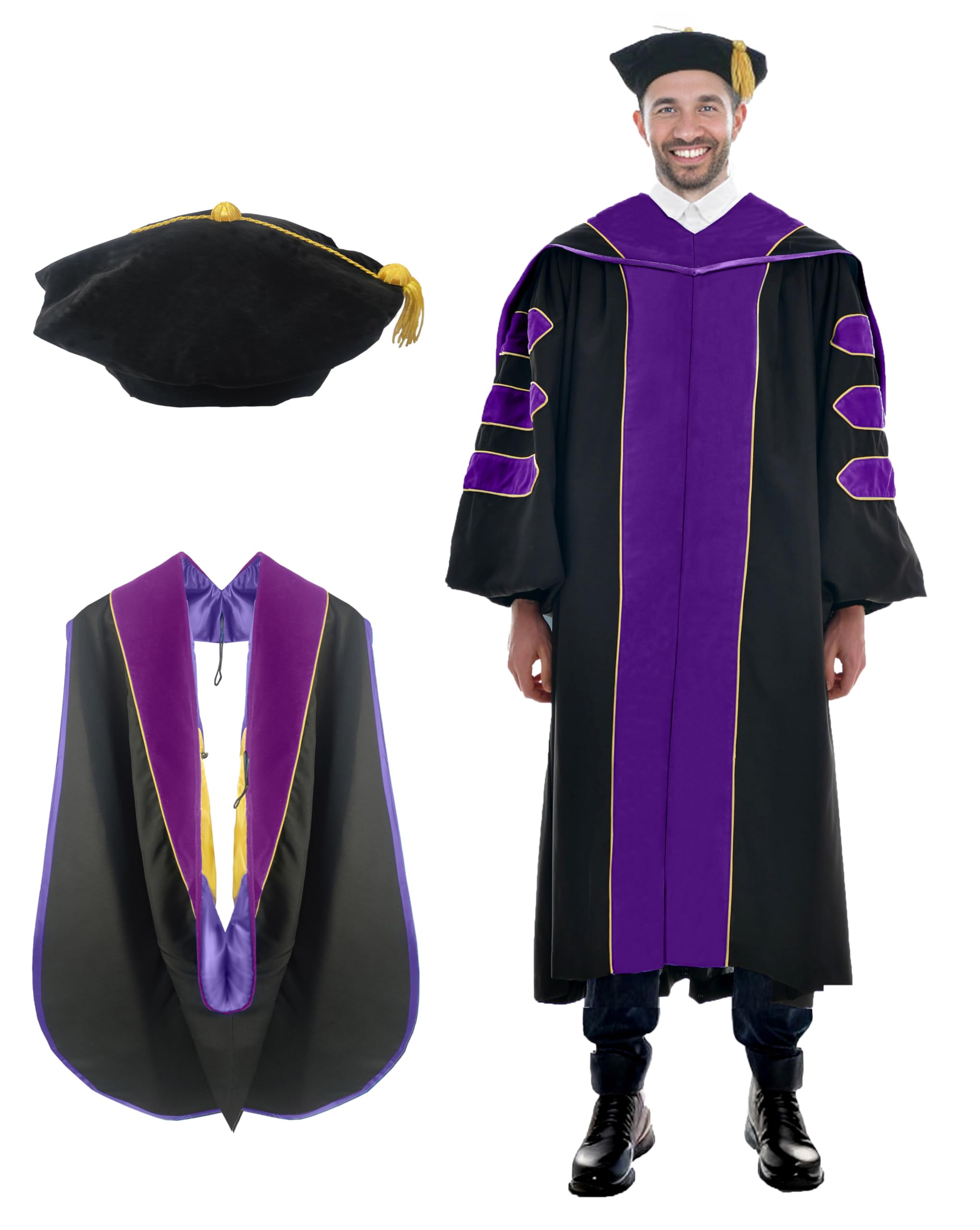 Deluxe Graduation Gown and Hood with Gold Piping - Doctoral Regalia