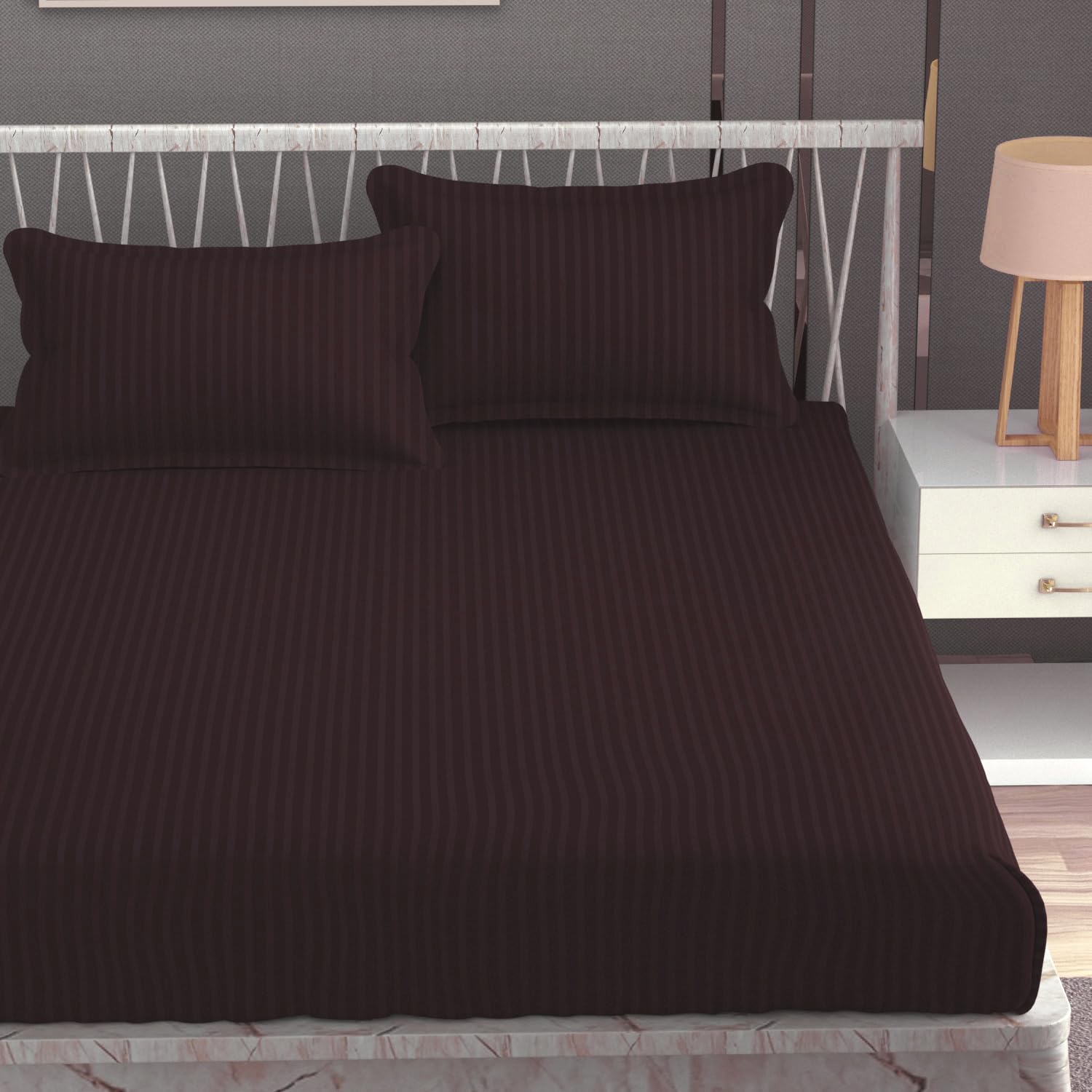 Homefab India 160 TC Stripe Glace Cotton Double BedSheet with 2 Pillow Covers - (90x90 inches) - Brown