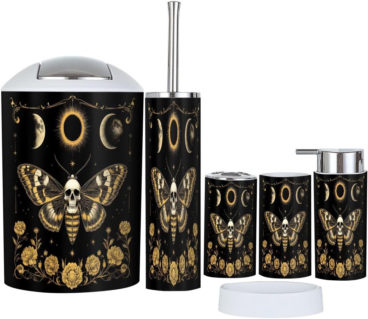 Bathroom Accessories Set 6 Pcs Green Blue Butterfly White Flowers Boho Butterflies Flowers Teal Toothbrush Holder Cup Soap Dispenser Soap Dish Toilet Brush Holder Trash Can for Countertop Decor