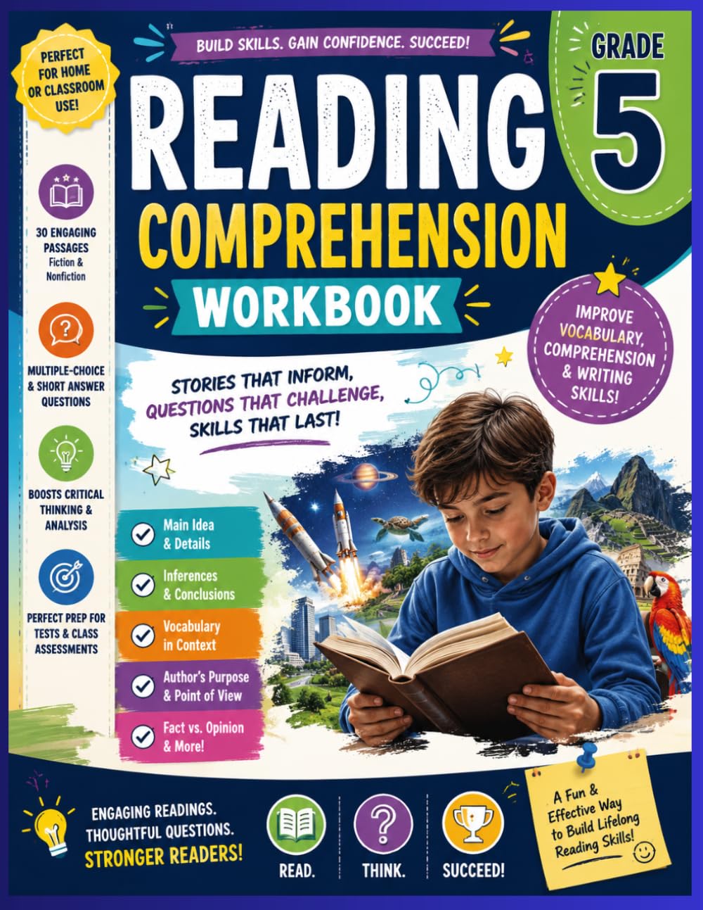 Reading Comprehension Workbook Grade 5: 50 Engaging Stories with Comprehension Questions to Build Reading Skills, Vocabulary, Critical Thinking, Fluency, and Reading Confidence