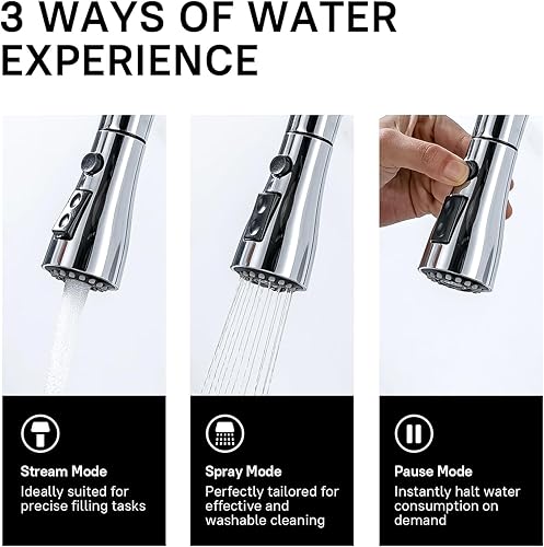 Vista 69 de WEWE Grifo de cocina en cascada con rociador extraíble, 3 modos (barrido/corriente/cascada) modo de interruptor giratorio, grifo de fregadero