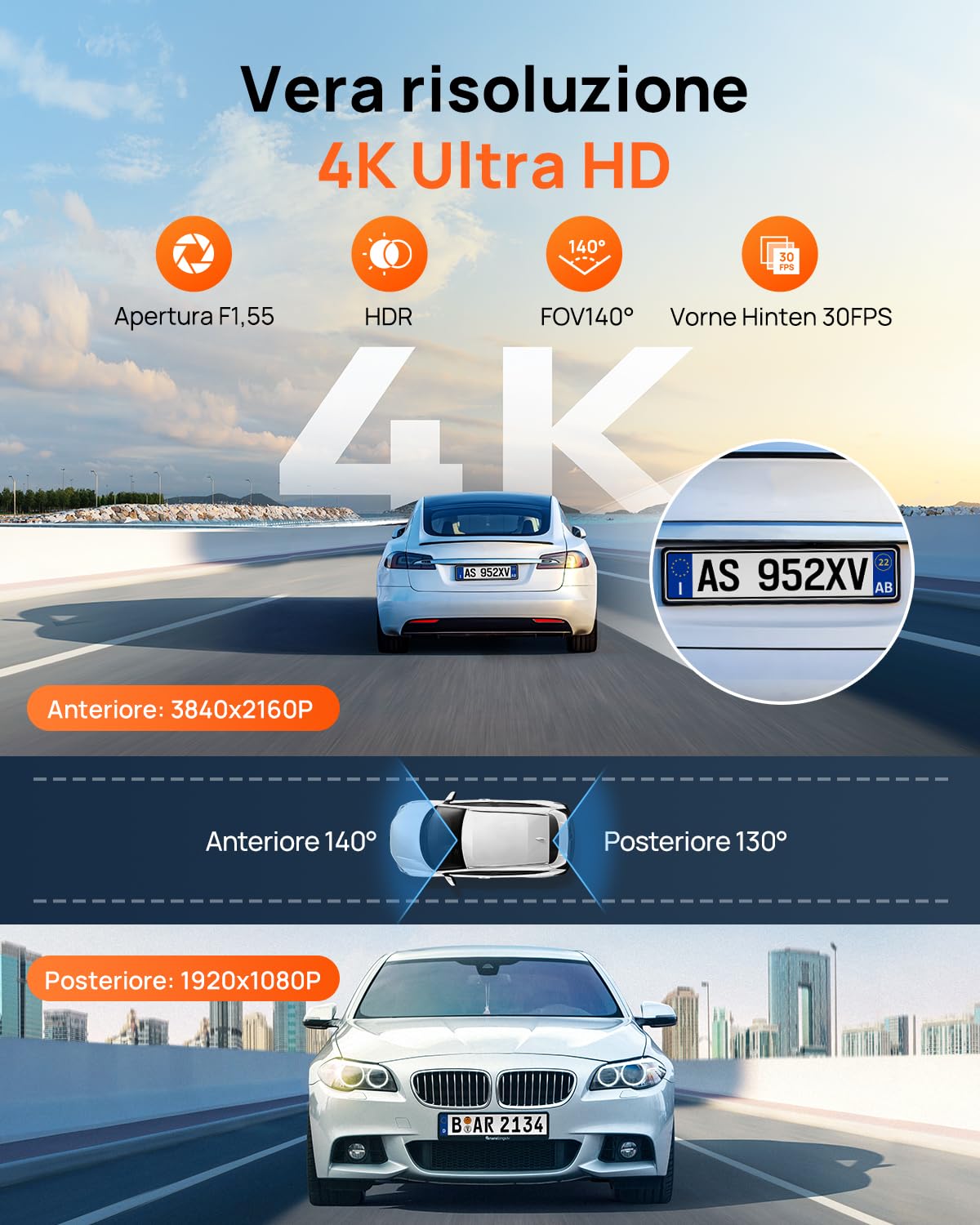 70mai A800SE Dashcam 4K+1080P GPS WiFi, Doppia Telecamera Auto Fronte/Retro con SD 128GB, F1.55, HDR, Visione Notturna, ADAS, Schermo 3", Parcheggio 24/7, Supporta fino a 512GB