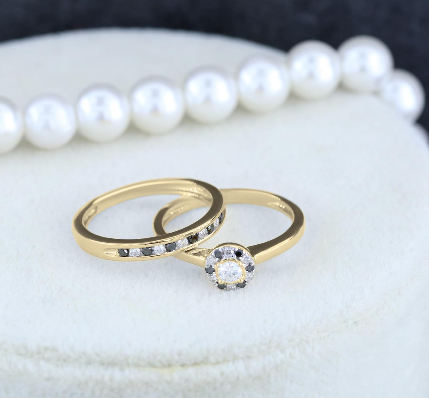 Dazzlingrock Collection 0.40 Ctw 10K Real Solid Gold Round Black & White Natural Diamond Women Bridal Halo Engagement Ring with Band Set