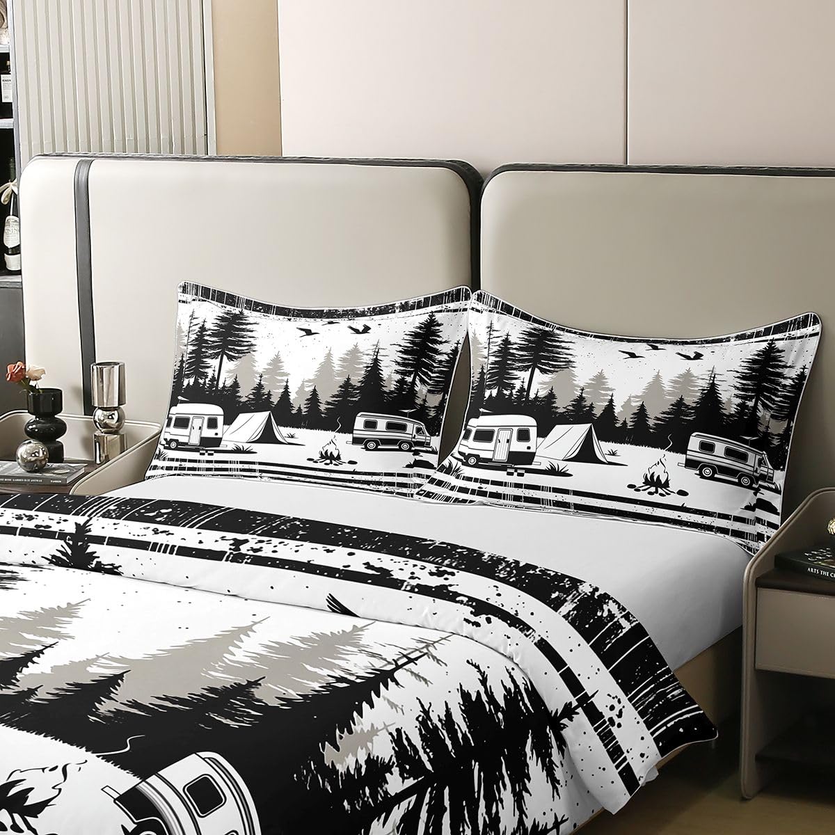 Homewish Juego de funda de edredón de algodón con diseño de bosque de pinos y árboles grises, para decoración de habitación, decoración de habitación, juego de cama estético