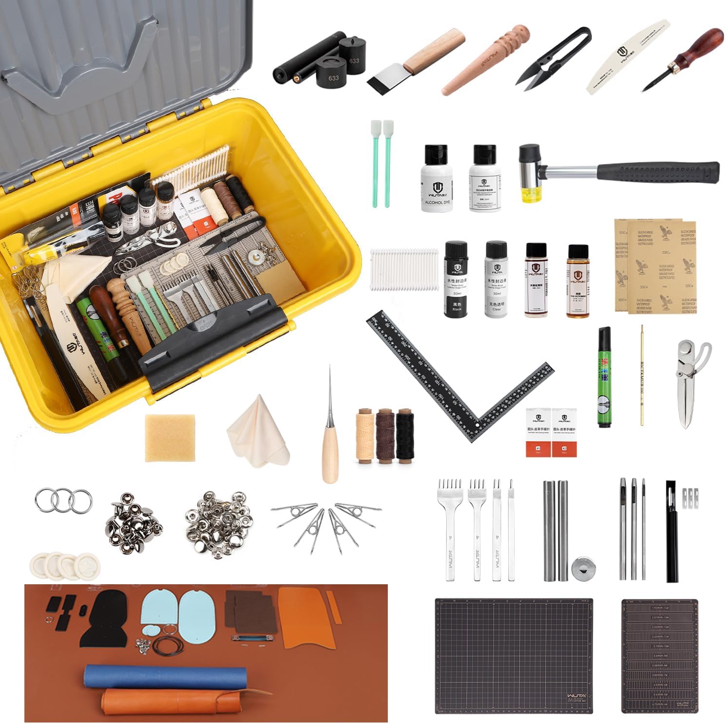 WUTA Leather Tooling Kit,Handmade Tools Kit with Large Storage Box,Professional Working Set for Leather Craft DIY, Cutting Punching Stamping Sewing Crafting Set