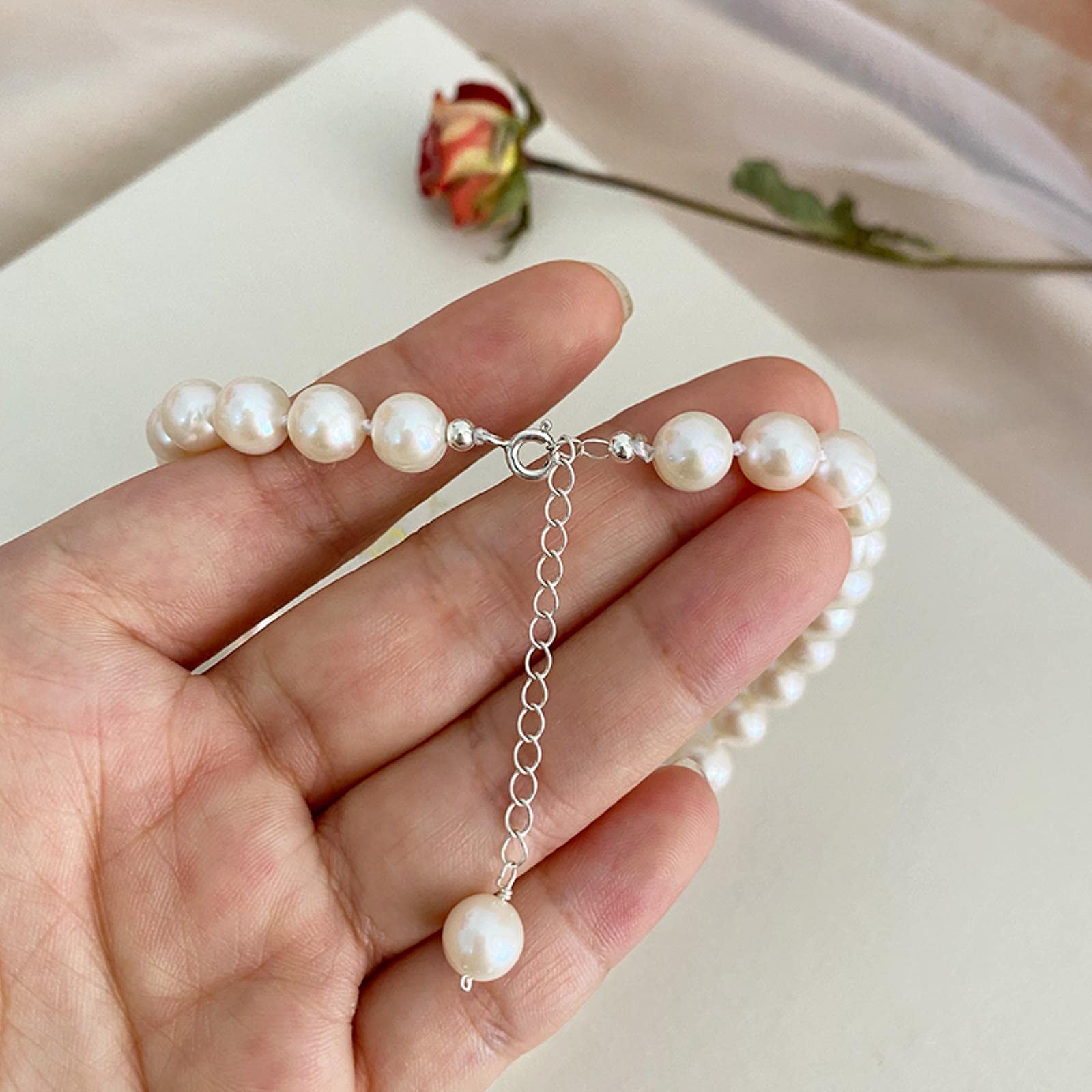 YDYDTTKD Pulsera de Collar de Plata con Conjunto de Perlas Naturales de Agua Dulce para Mujer