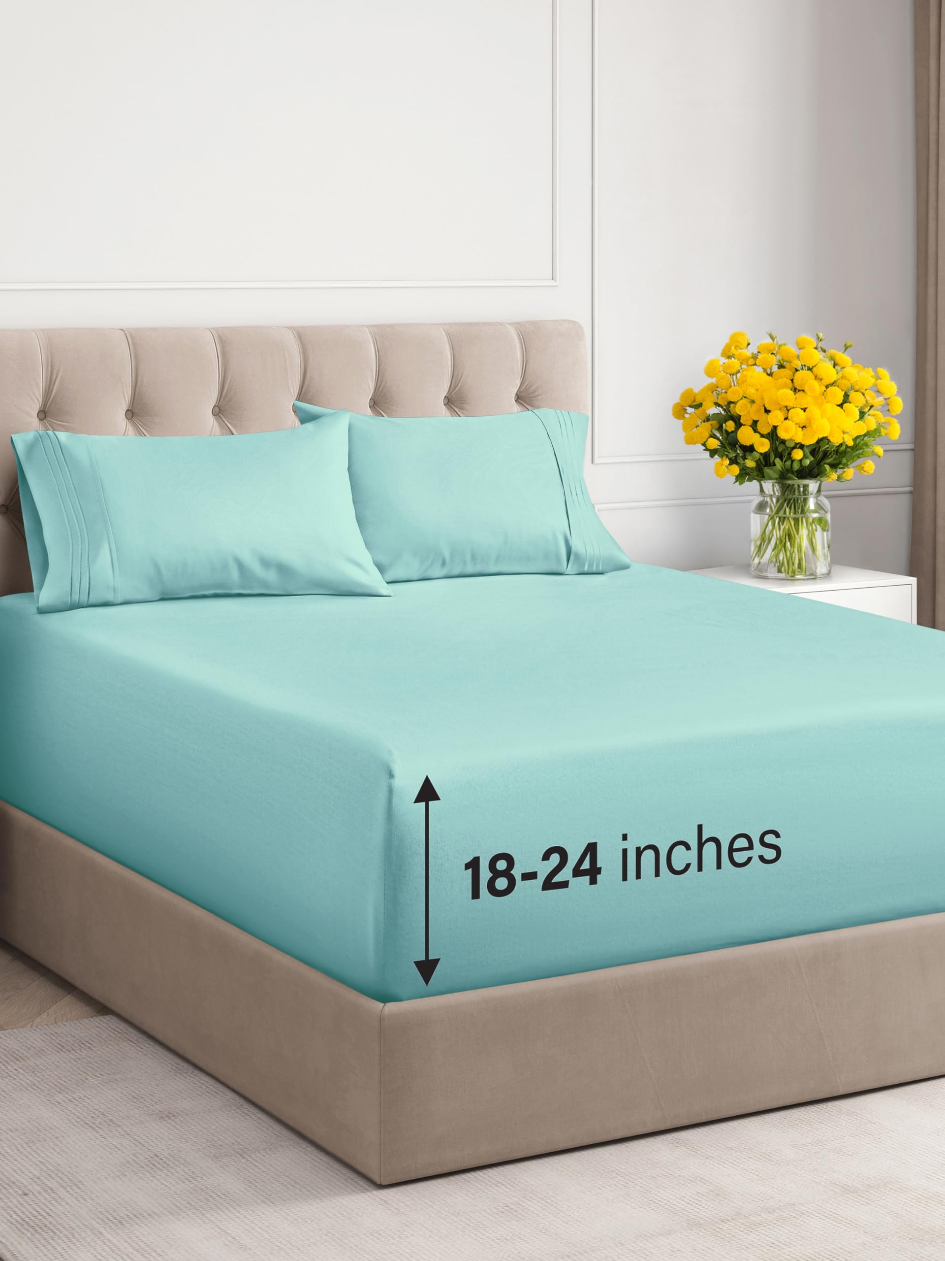 Extra Deep Pocket King Sheets - 4 Piece Breathable & Cooling Bed Sheets - Hotel Luxury Bed Sheet Set - Soft, Wrinkle Free & Comfy - Easily Fits Extra Deep Mattresses - Deep Pocket Spa Blue Sheets Set