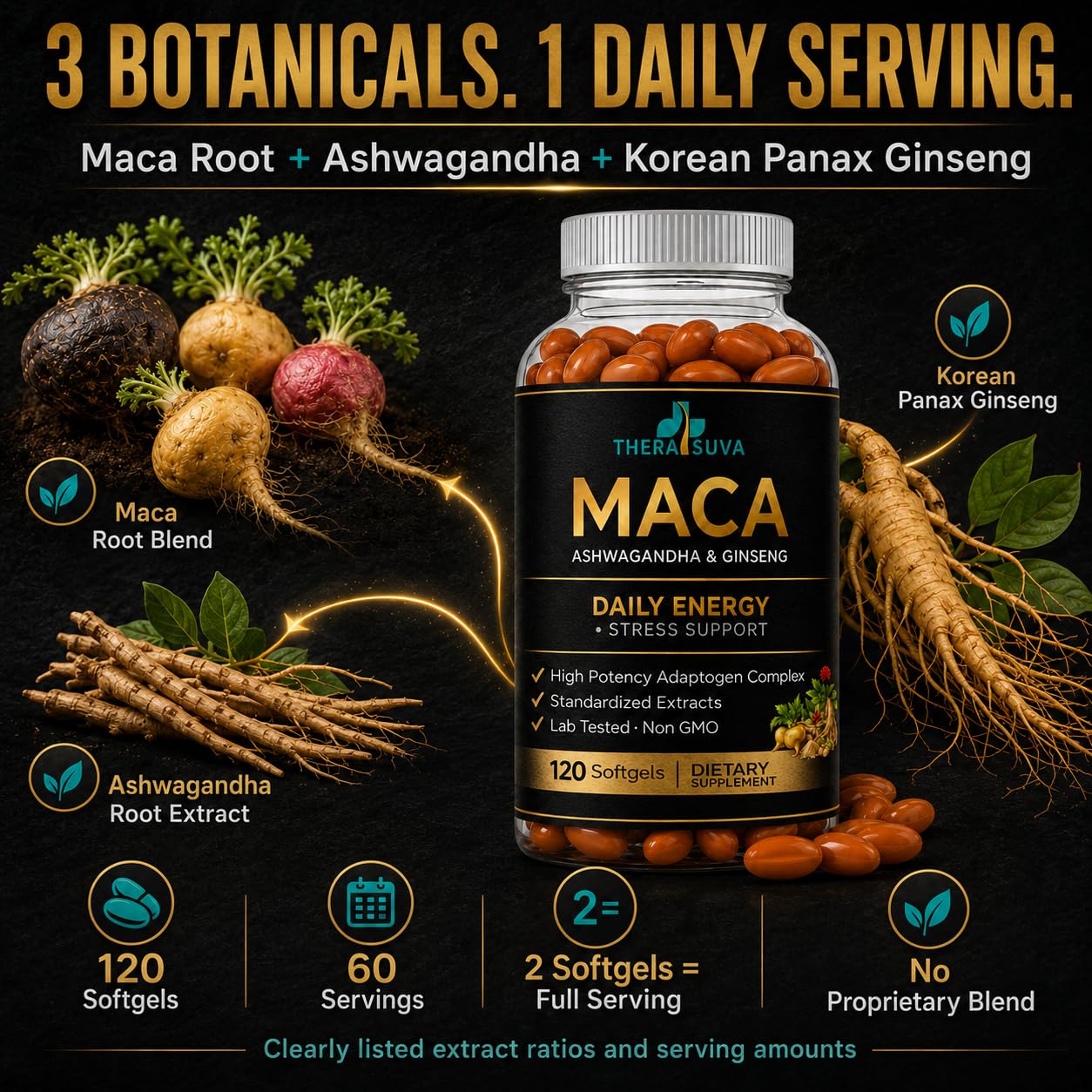 3 in 1 Ashwagandha + Maca Root + Panax Ginseng Supplement, 120 Count — Amazon image 3