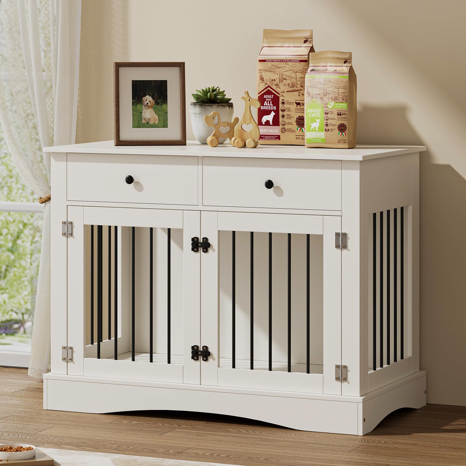 The Fellie Wooden Dog Crates with 2 Large Drawer Storage, Indoor Wooden Pet Kennel with Double Door, Large Dogs Crate Furniture for Dogs, Lockable Decorative Pet House, End Table, 113x60x87.5cm, White