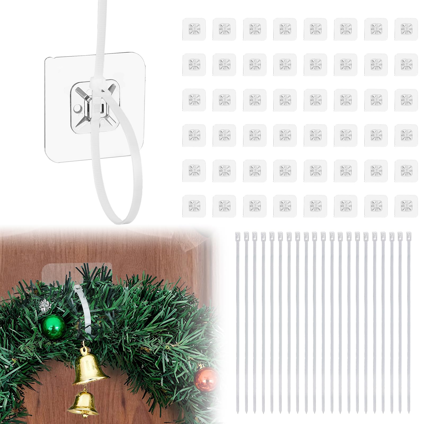 Aulock 48 pcs Garland Hangers for Door Frame - No Hardware Christmas Garland Hooks Ties, Fireplace Stocking Holders for Mantle Front Door Wreath Christmas Decorations