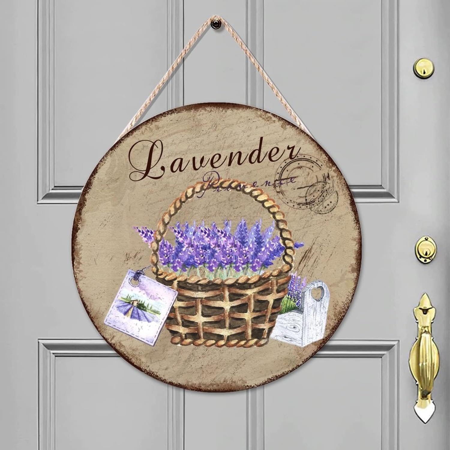 Old Paper Textures Wall Door Hanging Sign, Lavender Wood Door Sign, Personalized Pattern 16x16in Round Door Hanger Sign Farmhouse Front Porch Decor Housewarming Gifts