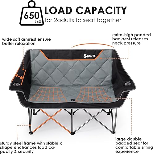 Miniatura 6 de EMERIT Silla de campamento de gran tamaño con capacidad de 650 libras, sofá biplaza plegable resistente con asiento profundo y tela resistente a