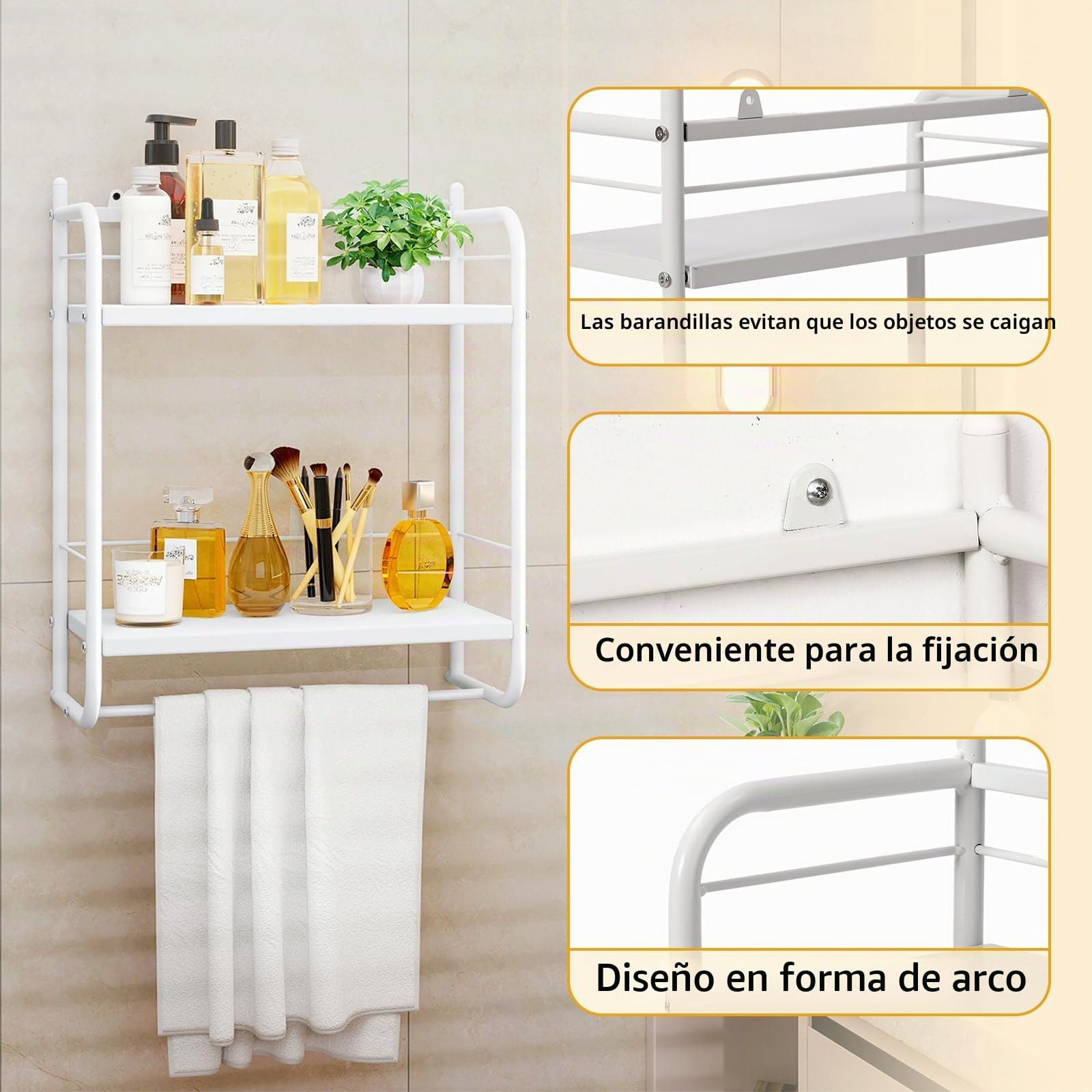 HDANI Estantería de Pared de Metal de 2 Niveles,con 2 estantes Ajustables,Estante de Ducha para baño,Dormitorio,salón,Cocina, Oficina en casa,lavadero,41×21,5×49,5cm,Blanco