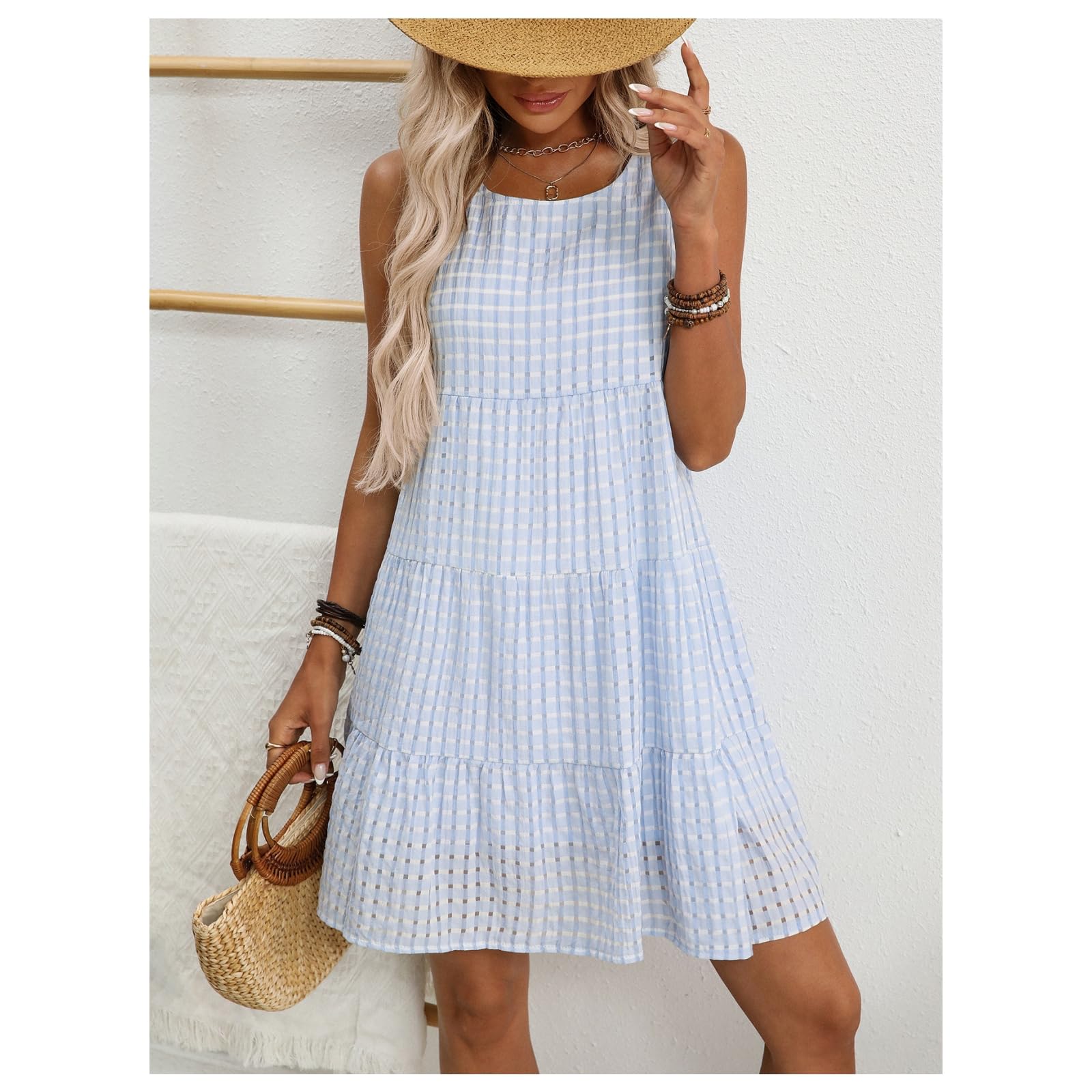 Vestito Abito Estivo Scozzese Senza Maniche Ampio, Casual E Fluido da Donna-Bianco-XXL