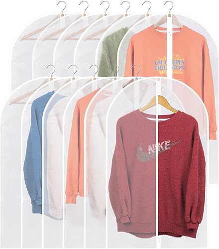 Bolsas de ropa de 24 x 40 pulgadas, paquete de 12 bolsas translúcidas ligeras de PEVA, funda de traje con cremallera para guardar trajes, camisetas,