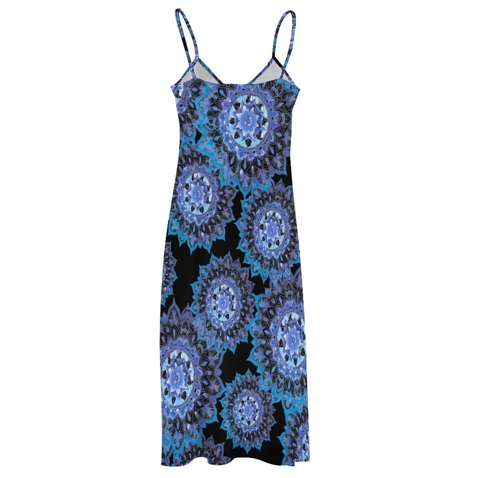 Vestido casual con estampado de flores degradadas azules para mujer, vestido largo con espagueti, longitud hasta el tobillo, vestido de verano fluido