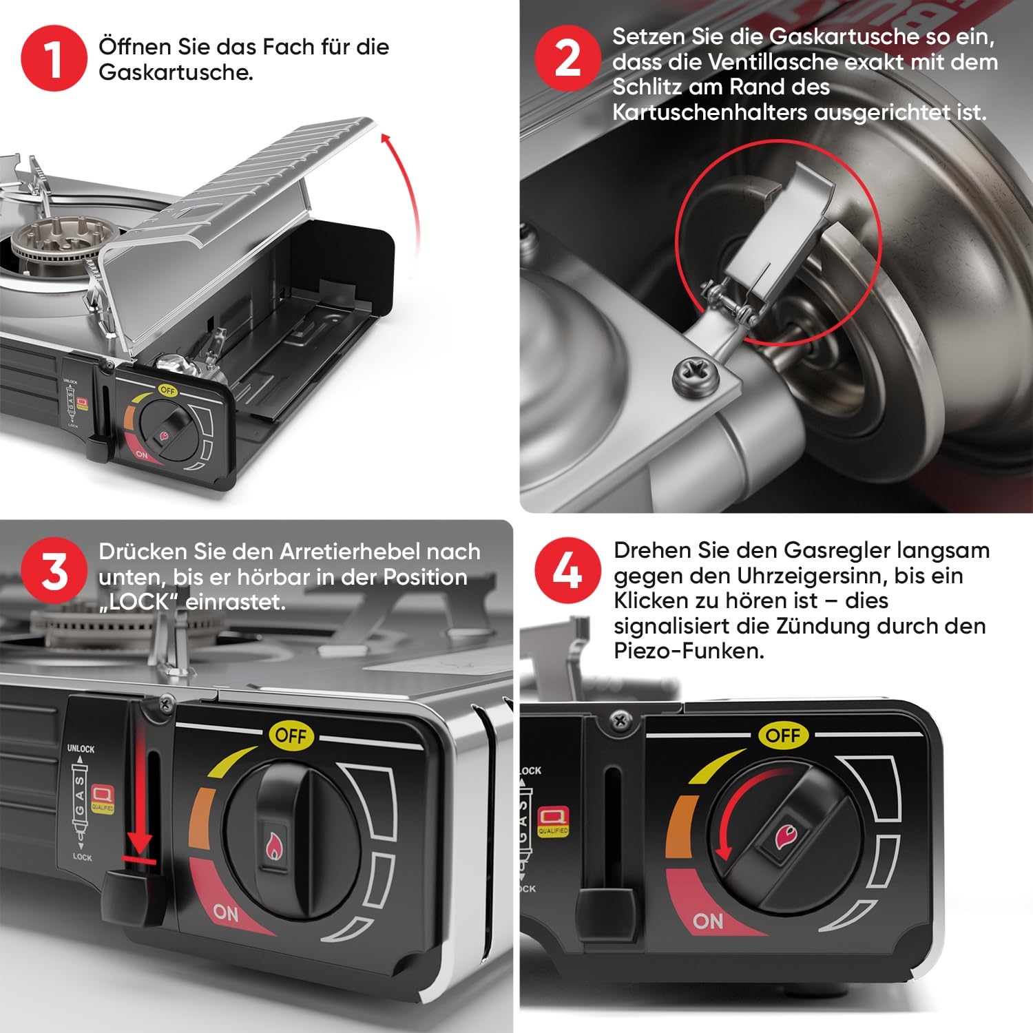 EVOCAMP Gaskocher 2-flammig mit Piezozündung - mit Grillaufsatz 38cm Campingkocher für Gaskartuschen MSF-1a 227g Camping Gaskocher für Campinggaz Camping Herd mit Grillplatte + 4 Gaskartuschen