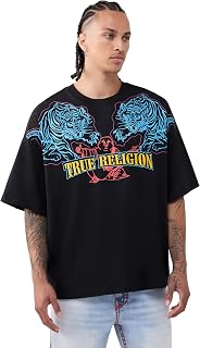 True Religion Men’s Short Sleeve Tiger Logo Oversized Tee – 100% Cotton T Shirt, Soft Comfort, Durable Fit - Jet Black, XX-Large