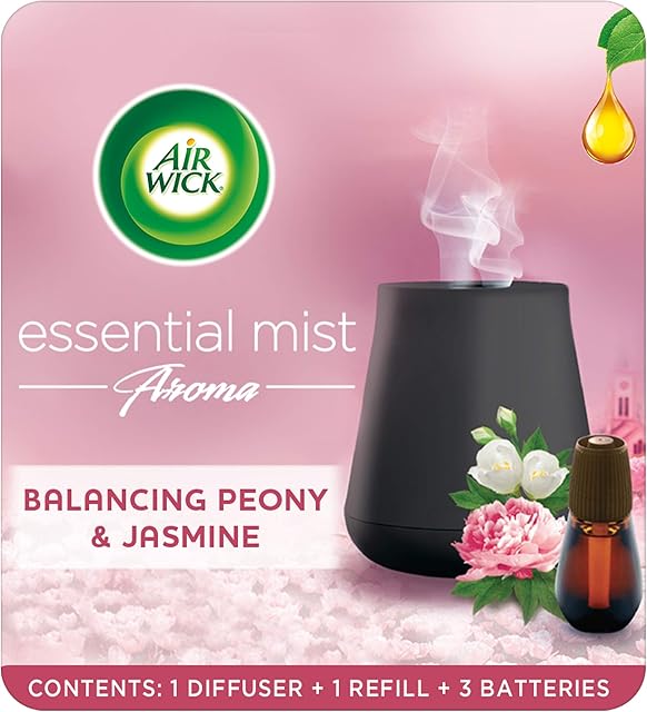 Airwick Air Freshener Essential Mist Aroma Kit Balancing Peony and Jasmine (1x Diffuser and 1x Refill)