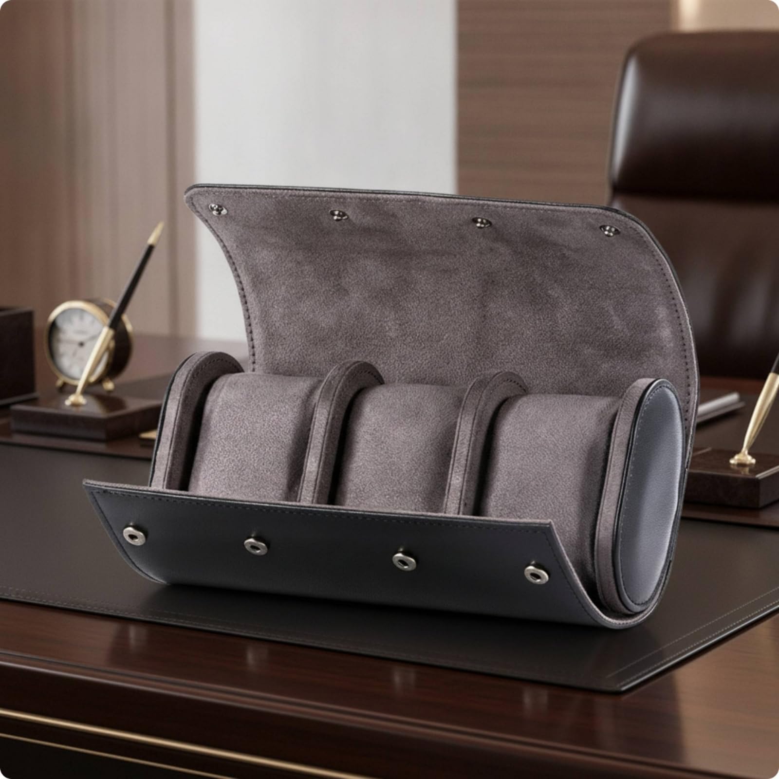 Custodia Orologi Astuccio Portaorologi Scatola Rotolo Organizer con Tre Scomparti Interni Imbottiti Esterno in Pelle PU E Interno Vellutato Chiusura, Nero