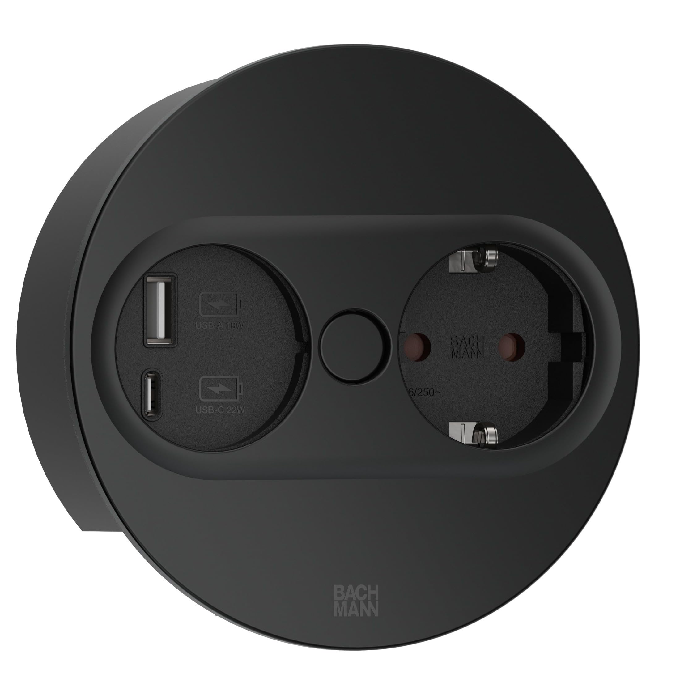 BACHMANN Gniazdko do zabudowy Twist 2, okrągłe, 1 x gniazdko z USB A i USB C, 2 m, do kuchni i biura, czarne, 946.104 (z automatycznym otwieraniem i powłoką zapobiegającą pozostawianiu odcisków palców