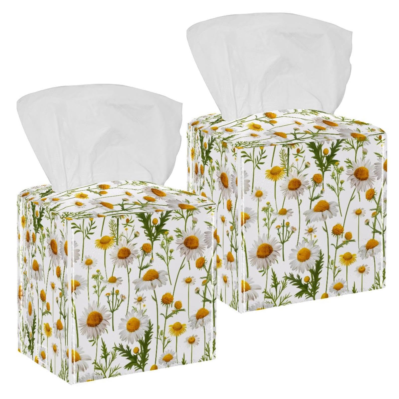 Herbs and Chamomile Flowers Tissue Box Cover, 2 Pack PU Leather Square Facial Tissue Dispenser Box holder for Home Office Car