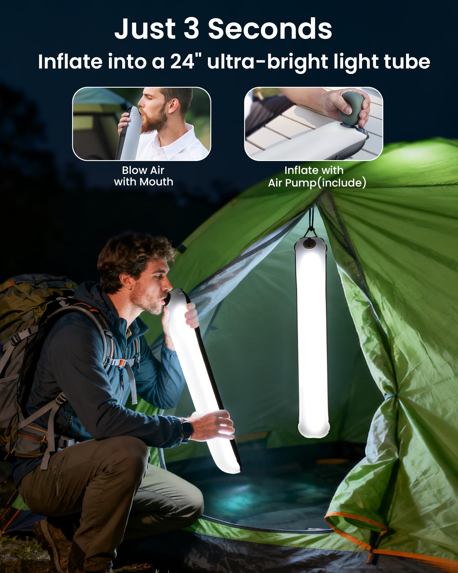 Lanterna solare gonfiabile da campeggio da 61 cm, luce LED magnetica con caricabatterie USB-C 4000 mAh, luce impermeabile IP66 in TPU per tenda per uragani, zaino in spalla e sopravvivenza off-grid