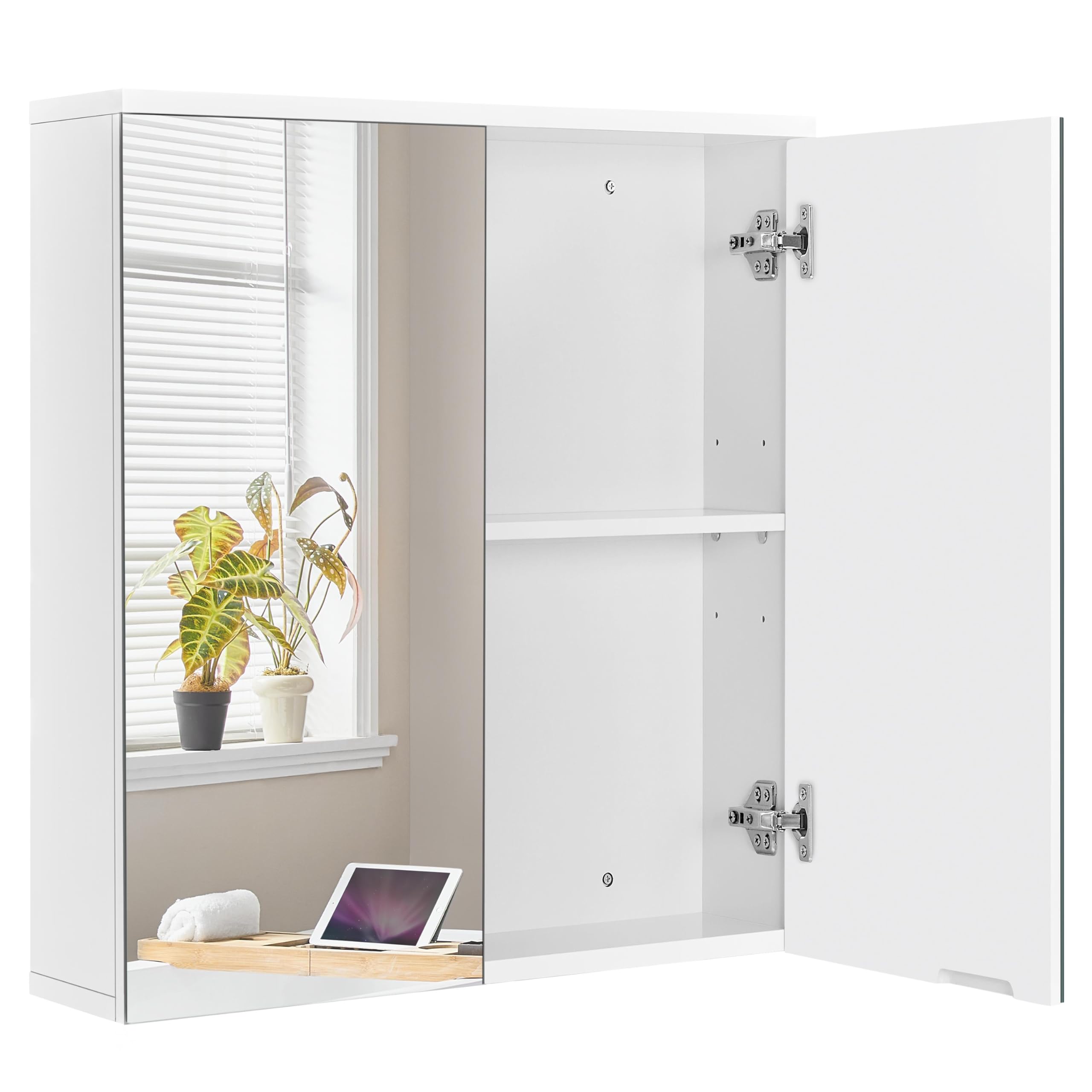 Yaheetech Badezimmerschrank mit 2 Spiegeltüren Hängeschrank Spiegelschrank fürs Bad 2-stufiger Badschrank höhenverstellbare Ablage | 2-stufiger Badschrank Wandschrank mit höhenverstellbaren Ablagen Aufbewahrungsschrank für Bad/Wohnzimmer/Waschküche/Flur W