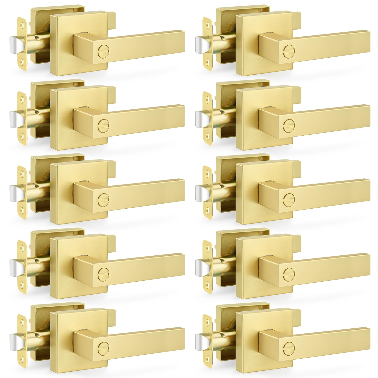 Satin Brass Door Knobs - 10 Pack Privacy Locks -1