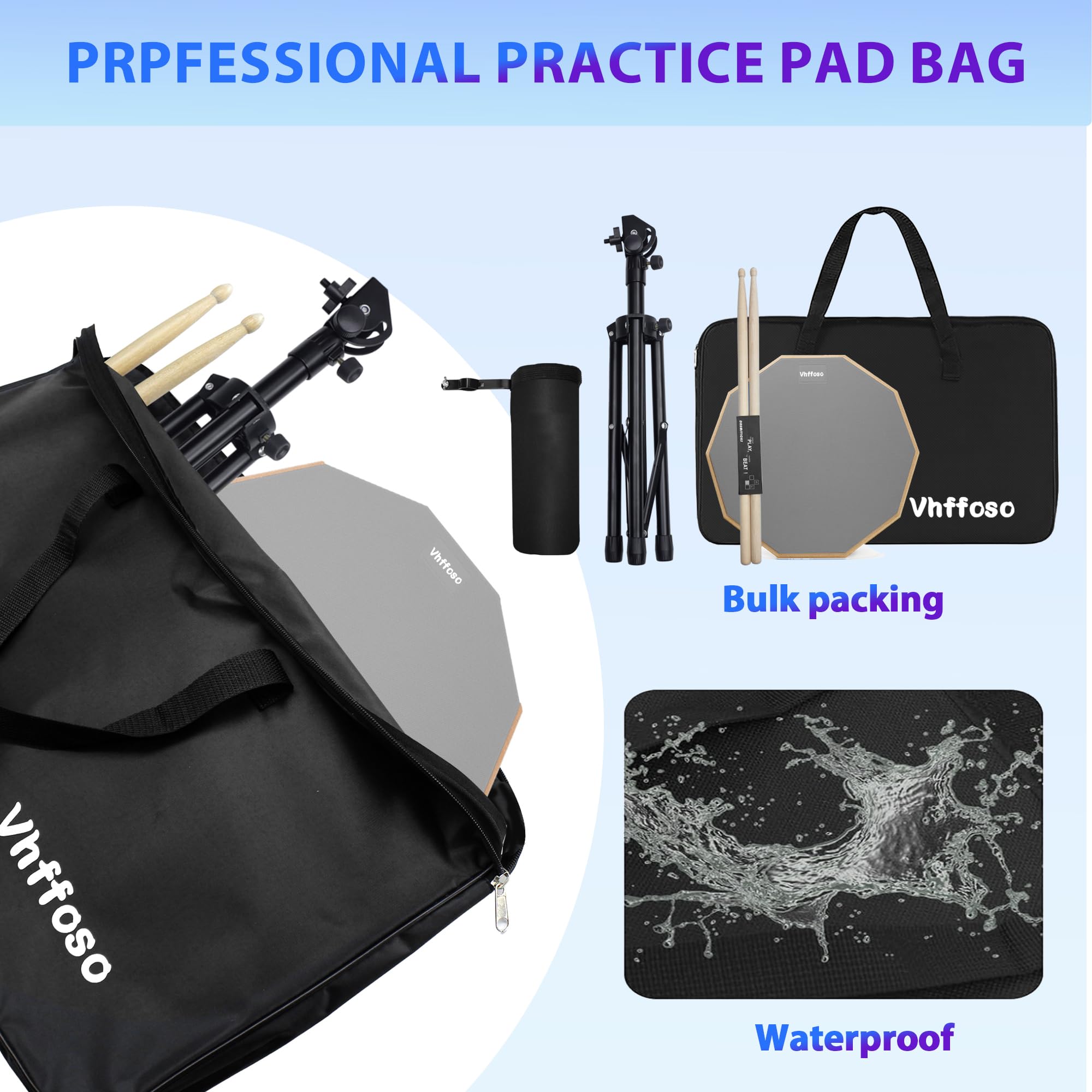 12 Inch Practice Drum Pad with Stand, Sticks and Drum Stick Bucket, Beginner Snare Drum Pad with Drumsticks(one pair) and Carrying Bag, Double Sided Silent Drum Pad (Gray)
