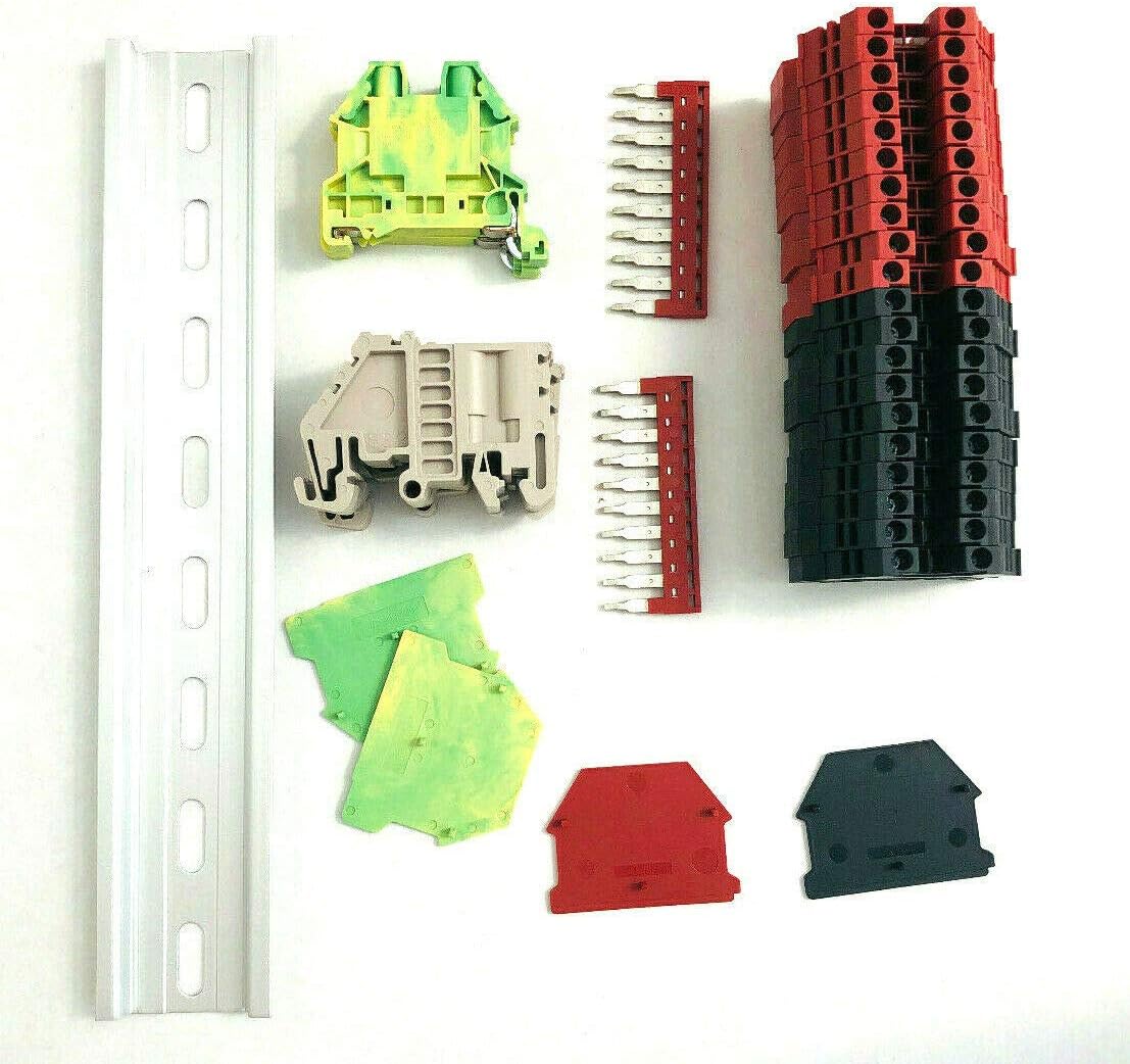 Dinkle UL Listed DIN Rail Terminal Block Kit #1 Red/Black Dinkle 20 DK2.5N 12 AWG Gauge 20A 600V Ground DK2.5N-PE Jumper DSS2.5N-10P End Covers End Brackets