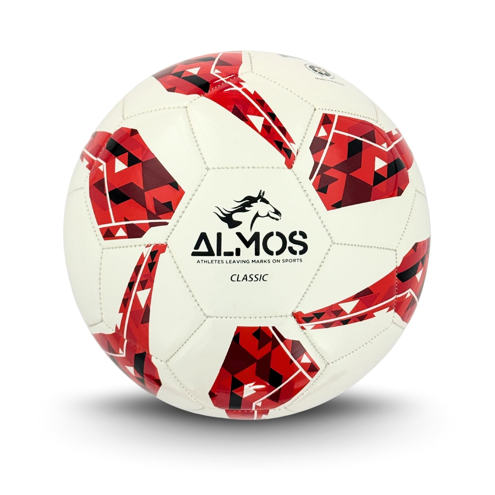 Pallone da calcio classico Almos 32 pannelli, colore rosso, qualità premium con elegante colore rosso, copertura lucida in TPU da 0,15 mm per durata e visibilità: per allenamento e partite di Almos.